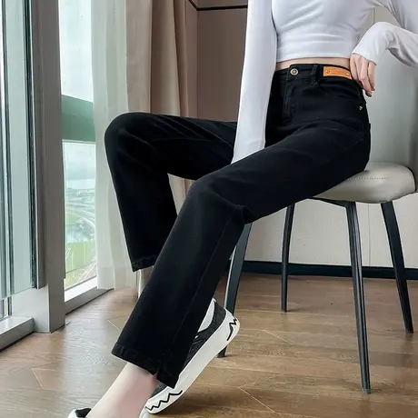直筒牛仔裤女高腰宽松显瘦2023春秋新款窄版黑色九分小个子烟管裤商品大图