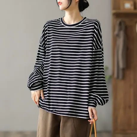 dza 纯棉横条纹宽松长袖t恤女士百搭打底衫新款体恤秋季大码上衣商品大图