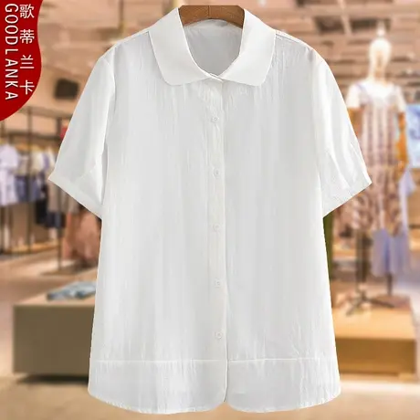 中年妈妈洋气夏装白色衬衫加肥加大码女时尚上衣宽松纯棉短袖衬衣商品大图