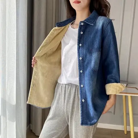 秋冬韩版中长款牛仔衬衫女加绒叠穿复古宽松内搭加厚休闲打底上衣图片