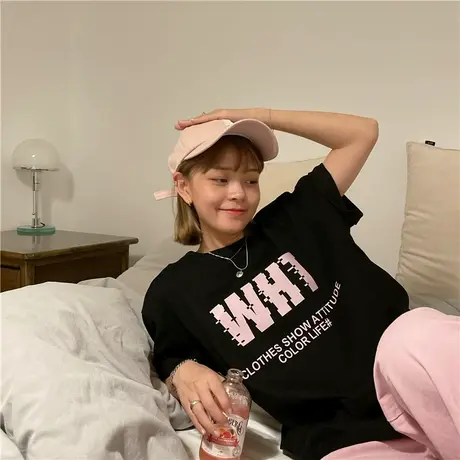 盐系少女2023新款韩版字母宽松慵懒风ulzzang纯棉短袖T恤上衣ins图片
