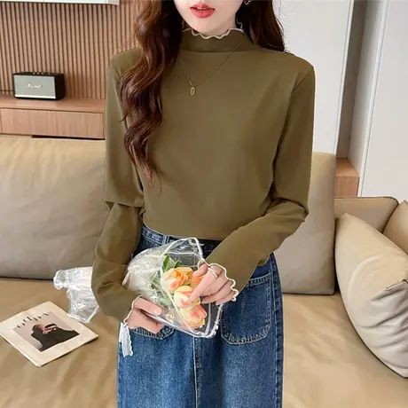 半高领保暖加绒长袖t恤女秋冬韩版小个子修身德绒内搭打底衫上衣商品大图