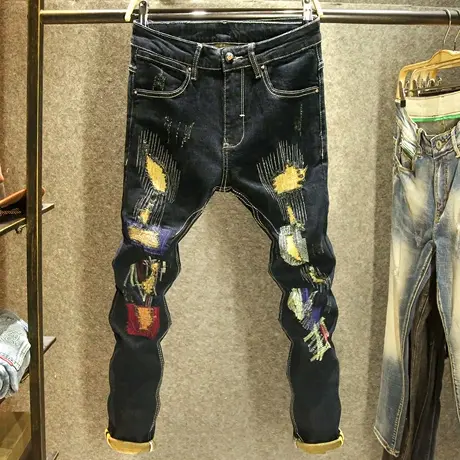 潮牌破洞针缝牛仔裤男款修身小脚弹力裤子男黑色潮男刮烂补丁长裤商品大图
