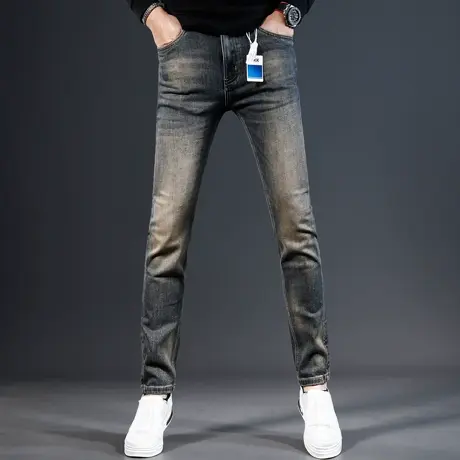 高端男士牛仔裤2023新款秋冬季蓝色复古修身小脚欧美弹力休闲裤子商品大图