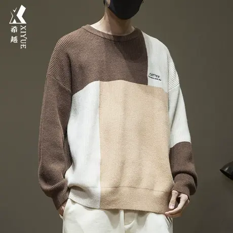 日系撞色拼接毛衣男冬季保暖700g北极绒针织衫宽松大码男士外套潮商品大图