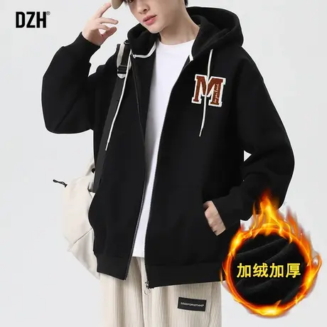 男生黑色痞帅外套男加绒加厚开衫卫衣秋冬款2023新款休闲运动上衣商品大图