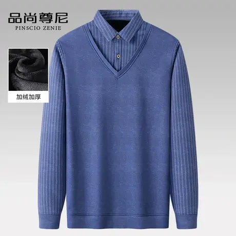 男士上衣秋冬绅士条纹商务休闲加绒加厚款假两件毛衣中老年爸爸装商品大图