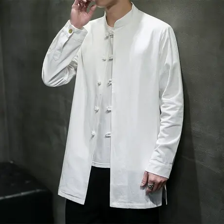 春季中国风中长款盘扣风衣外套男棉麻长袖唐装衬衫复古民族服装潮图片