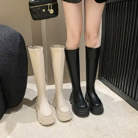 长筒靴女2023春秋季新款小个子法式复古瘦瘦靴厚底粗跟高跟骑士靴图片