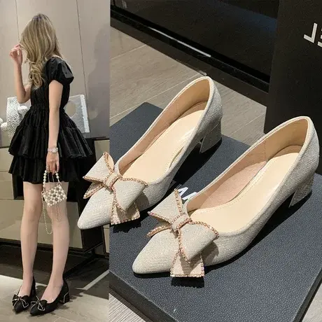 法式时尚蝴蝶结方头浅口软皮2023新款夏季中粗跟职业百搭单鞋女图片