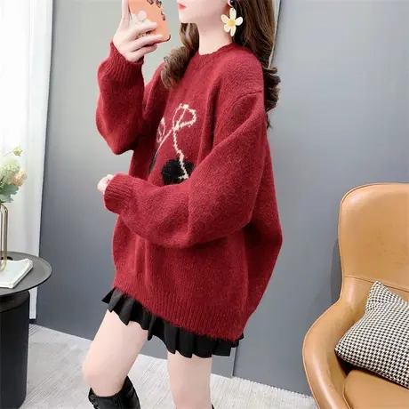 圣诞新年红色樱桃圆领毛衣女套头2023新款秋冬宽松加厚软糯针织衫商品大图