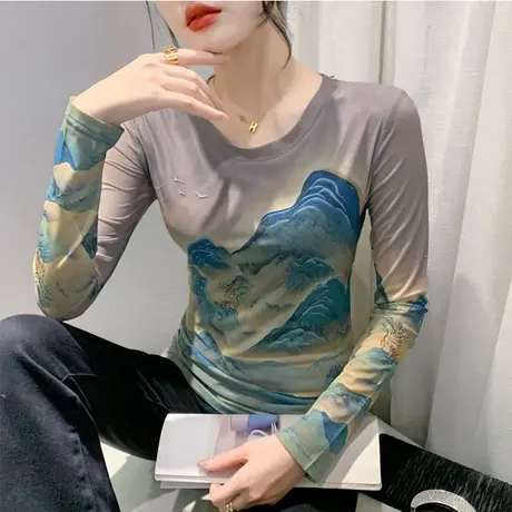 欧货复古圆领打底衫长袖春秋网纱印花时尚气质内塔上衣女修身T恤商品大图