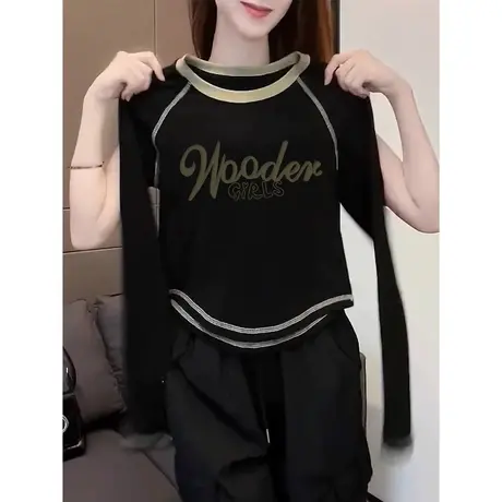 辣妹短款撞色长袖T恤女2023秋冬新款修身显瘦美式复古上衣打底衫图片