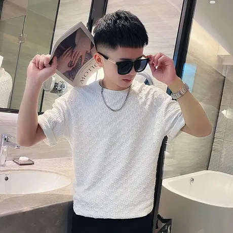 夏季男士t恤短袖修身半袖潮流纯色学生潮牌花色个性ins圆领体恤商品大图