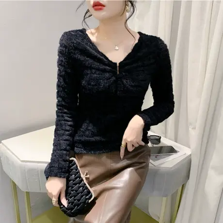 春秋2024新款蕾丝衫长袖洋气减龄内塔上衣女修身显瘦水貂毛打底衫商品大图