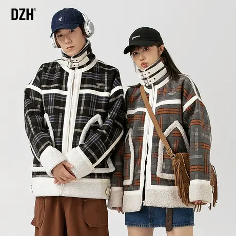 情侣格子毛呢羊羔绒外套高级感棉服男款冬季保暖棉袄加绒加厚棉衣商品大图