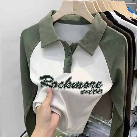 美式复古撞色polo领长袖T恤女秋季小个子辣妹小众设计感打底上衣图片