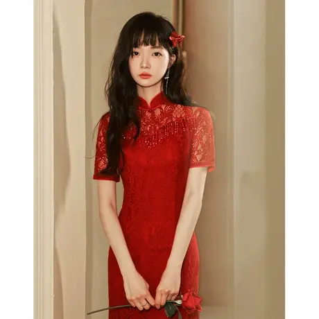 改良订婚旗袍敬酒服新娘高级感小个子女夏季鱼尾连衣裙秋季回门服商品大图