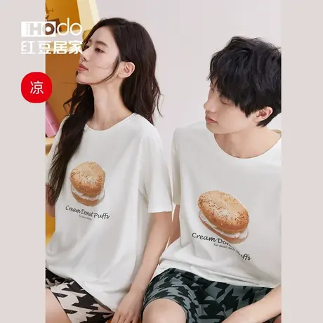 红豆居家情侣短袖套头睡衣莫代尔棉居家服女春夏凉感T恤男可外穿商品大图
