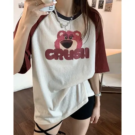撞色小众设计感纯棉短袖t恤女ins潮韩版宽松美式复古港味chic上衣商品大图