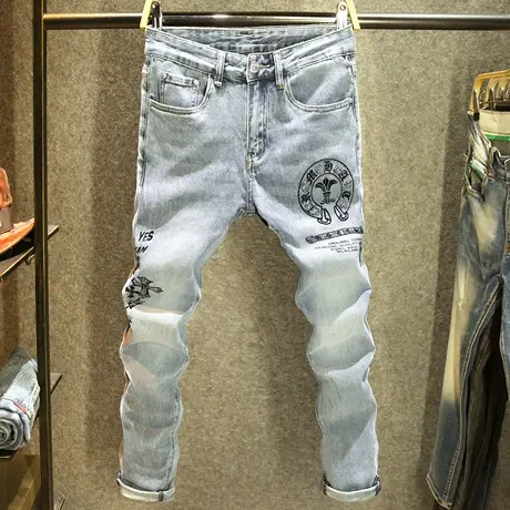 高端十字架刺绣牛仔裤男弹力修身小脚裤高街ins潮牌烫钻痞帅长裤商品大图