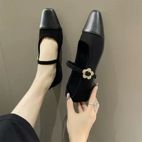 方头玛丽珍鞋女2024春夏季新款一字扣浅口单鞋轻便通勤平底奶奶鞋商品大图