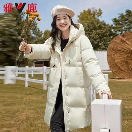 雅鹿官方旗舰店2024新款米色羽绒服女冬季中长款过膝连帽加厚外套商品大图