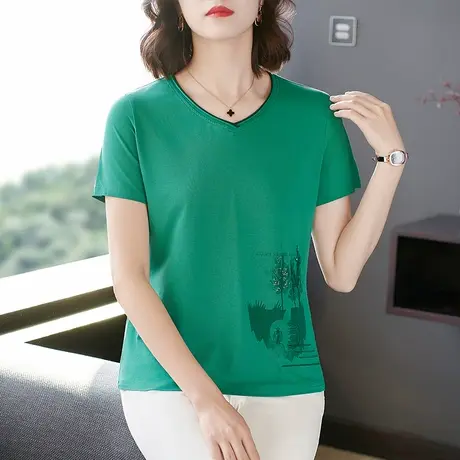 精致设计感V领t恤女夏装短袖时尚洋气大码女装洋气中年妈妈体恤衫商品大图