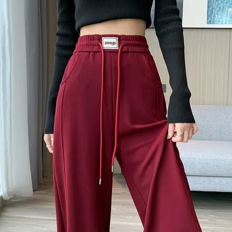 窄版阔腿裤女春秋酒红色直筒休闲小个子松紧腰遮胯显瘦垂感针织裤商品大图