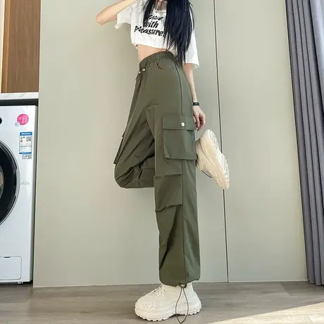 美式复古军绿色工装裤女夏季薄款高腰阔腿直筒休闲宽松束脚运动裤图片