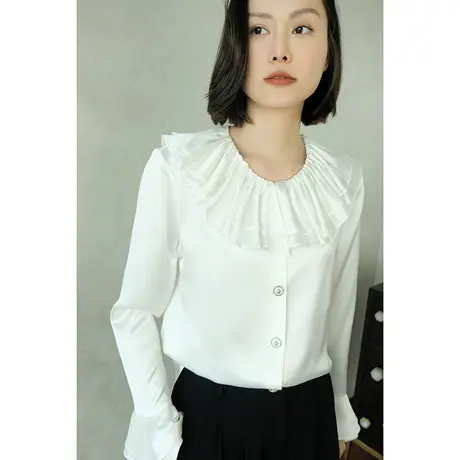 2024春夏新款高品质气质喇叭袖进口三醋酸单排扣荷叶领女士衬衣女商品大图