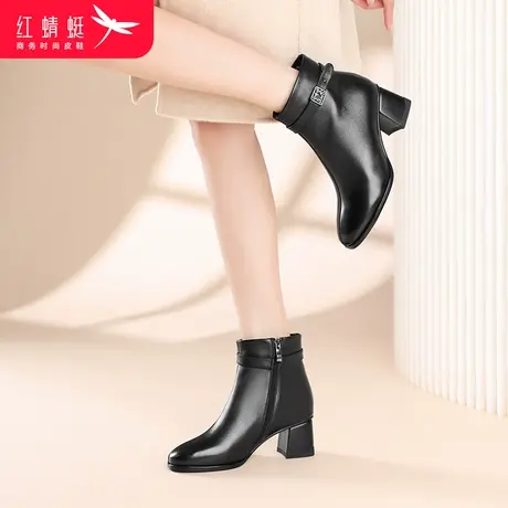 红蜻蜓2024年冬季简约女短靴女鞋休闲粗跟高跟鞋时装靴中年妈妈鞋商品大图