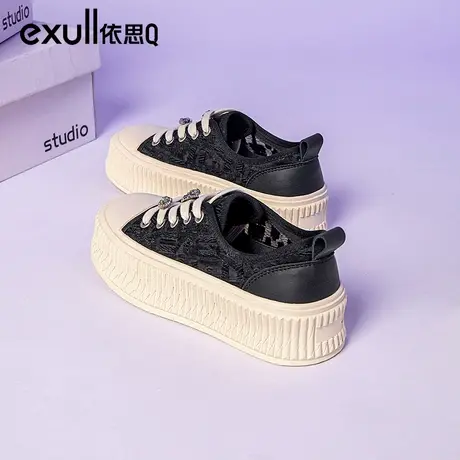 依思q厚底帆布鞋女春季2024新款黑色增高镂空网面透气女鞋饼干鞋商品大图
