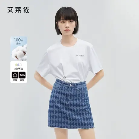 艾莱依短袖t恤女夏新款不规则收腰全棉衣服字母印花纯棉半袖上衣商品大图