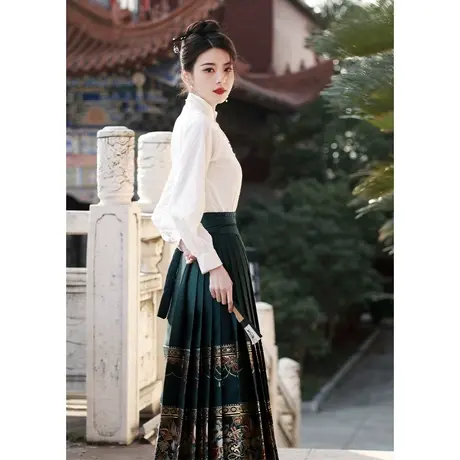 绿色新中式轻国风马面裙套装2024新款秋冬季小个子明制汉服上班穿商品大图