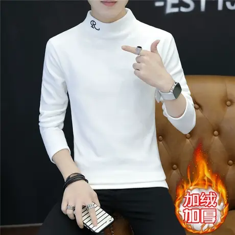 男士长袖T恤加绒加厚2023韩版套头卫衣男青年秋冬季高领打底衫潮商品大图