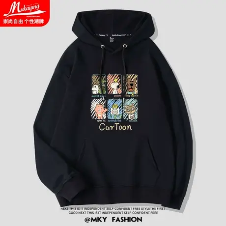 美式卡通涂鸦印花连帽卫衣男黑色秋季薄款宽松大码ins百搭长袖衫商品大图