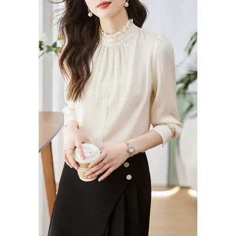 时尚气质淑女花边衬衫2023年春季新款温柔甜美显瘦通勤荷叶领上衣商品大图