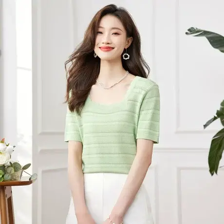 时尚方领冰丝短袖针织衫2023年夏季新款女士简约修身显瘦百搭上衣商品大图