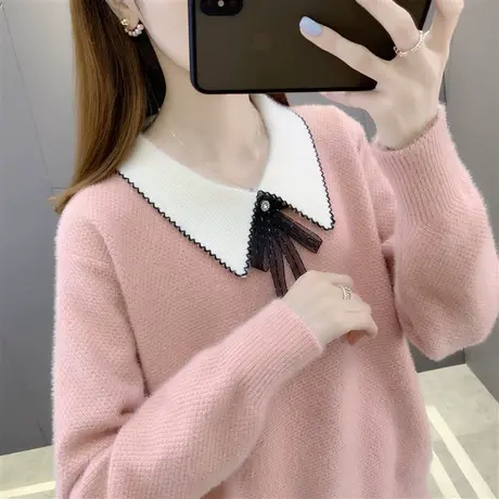 秋装2021新款针织上衣女套头打底衫女秋冬内搭甜美娃娃领女士毛衣图片