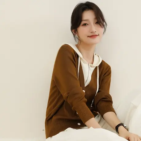 韩潮袭人设计感连帽假两件针织衫女2023秋季新款休闲百搭套头毛衣图片