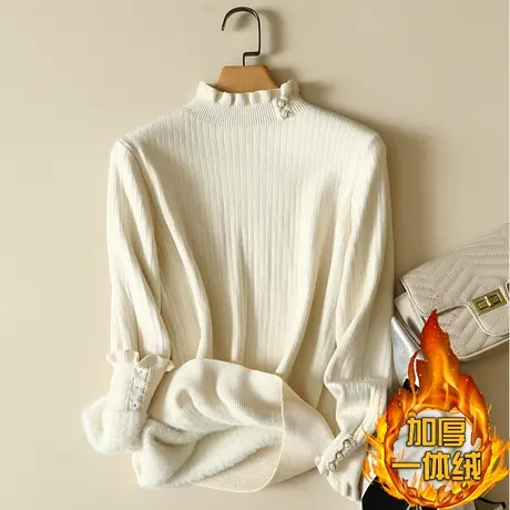一体绒半高领毛衣女2022年新款加绒加厚打底衫女秋冬内搭针织上衣图片
