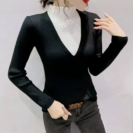 半高领针织打底衫女士秋冬2023新款设计感假两件毛衣烫钻拼色长袖图片