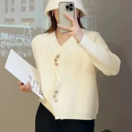 2023秋装新款小香风v领针织开衫女春秋宽松短款毛衣外套洋气百搭商品大图