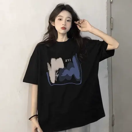 ins潮潮流短袖T恤女2023新款夏季涂鸦薄款设计感宽松纯棉半袖上衣商品大图