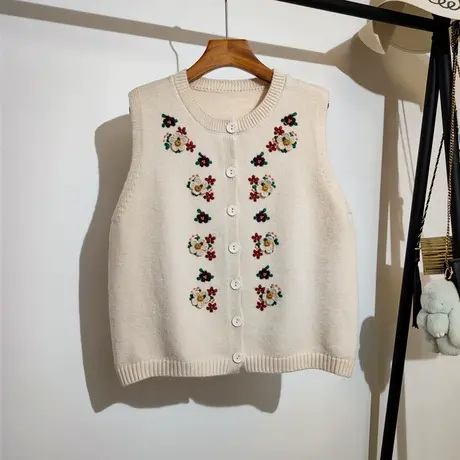 针织开衫马甲女秋冬新款宽松圆领刺绣立体花朵高级感毛衣背心外穿商品大图