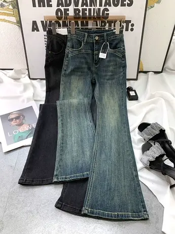 设计感辣妹微喇牛仔裤女复古高腰显瘦喇叭裤ins韩版弹力马蹄长裤商品大图