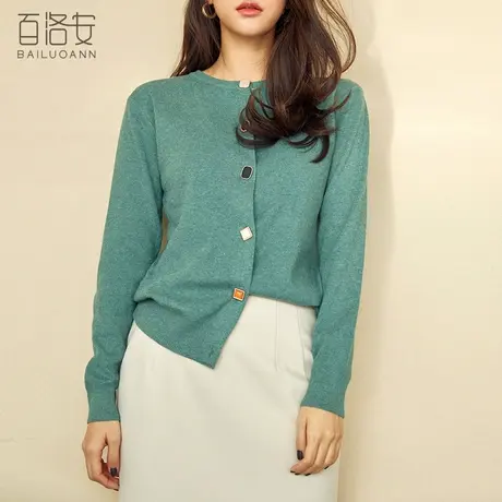百洛安圆领针织衫单排扣开衫女秋季新款百搭长袖毛衫短款毛衣外套图片