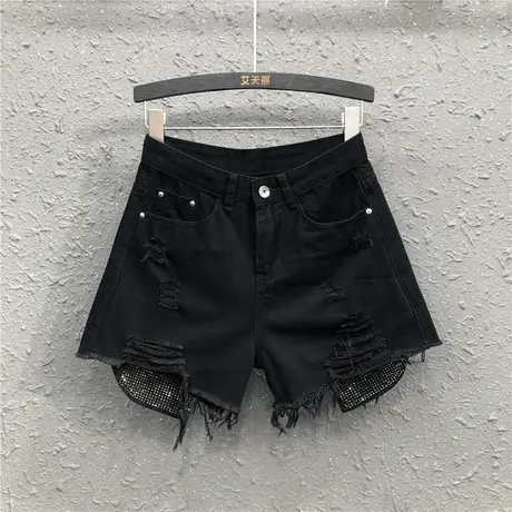 新款黑色牛仔短裤女欧货个性时尚口袋烫钻破洞宽松显瘦阔腿裤热裤图片