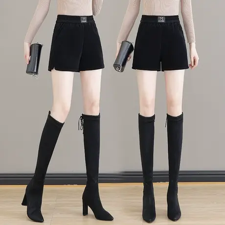 配靴子的短裤女装秋冬季2023新款黑色松紧高腰显瘦雪尼尔阔腿裤子图片